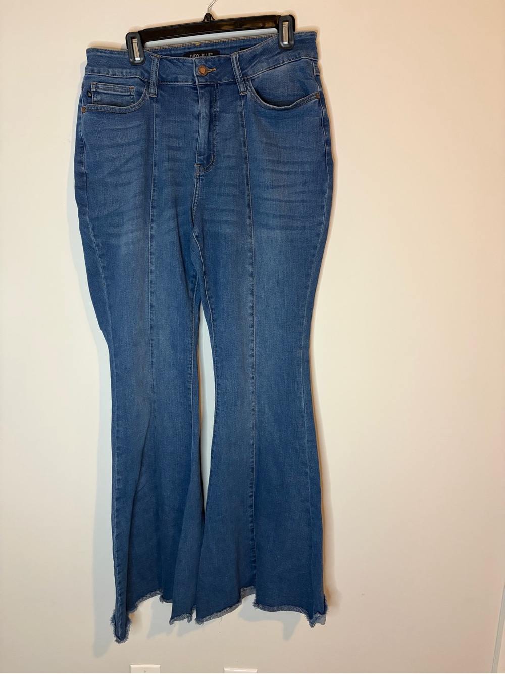 Judy Blue Mid-Blue High-Rise Flared Raw Hem Jeans Size 14W